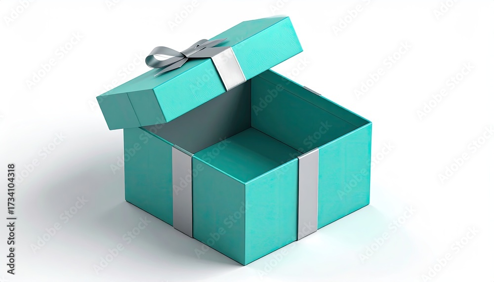 Fototapeta premium An empty, teal gift box with a silver ribbon, sits open against a stark white background, casting a subtle shadow