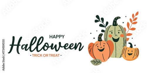 Vector illustration of three cute pumpkins with friendly faces, autumn leaves and text Happy Halloween on white background. Ideal for holiday banners, greeting cards or kids event invitations
