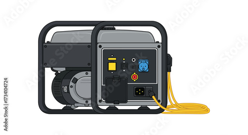 Portable generator illustration with detailed control panel black and gray silhouette