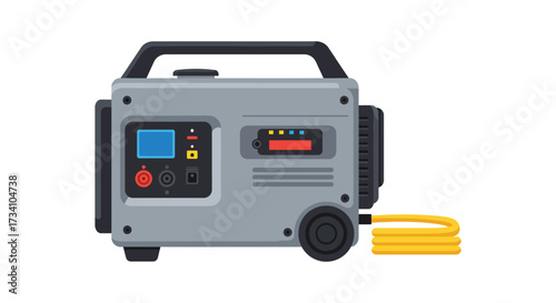 Portable power generator illustration with detailed controls and yellow cord silhouette