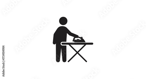 A person ironing clothes on an ironing board simple graphic silhouette