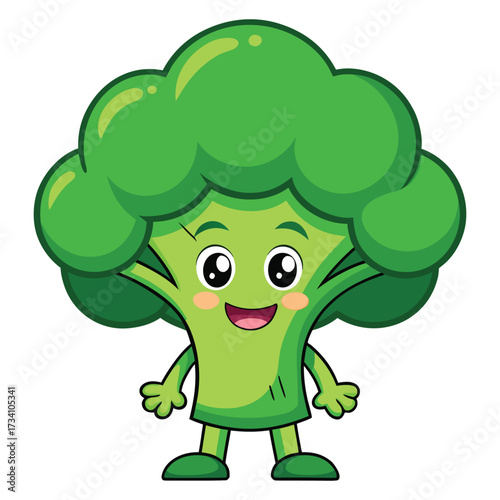 cartoon broccoli character with a happy face and arms and legs