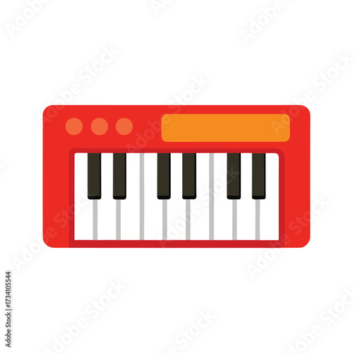 Red toy keyboard with orange and black keys music instrument