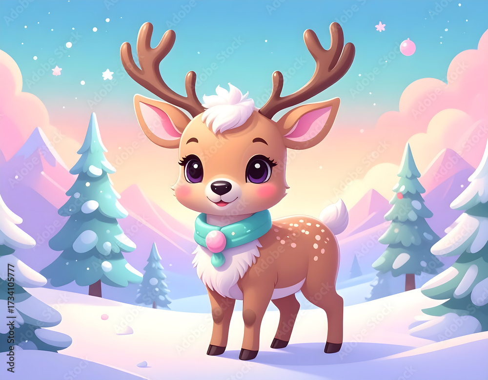 Fototapeta premium Cute Cartoon Deer in Snowy Winter Landscape with Teal Scarf and Colorful Sunset