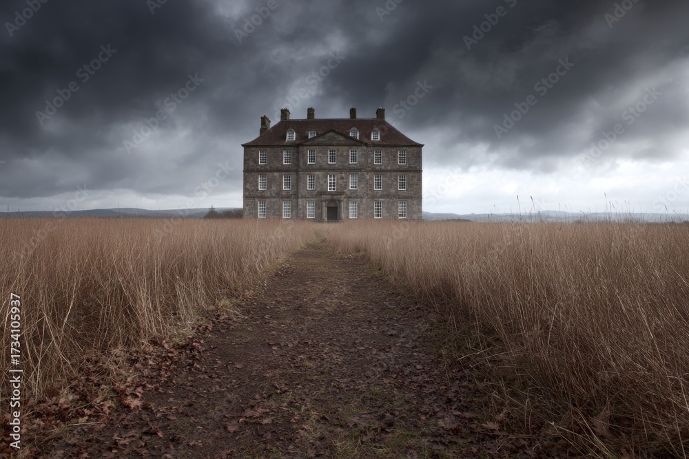 Fototapeta premium Lonely House in Dramatic Landscape: An isolated stately house stands proudly amidst a vast expanse of long grass under a brooding, stormy sky, conveying a sense of solitude and timelessness.