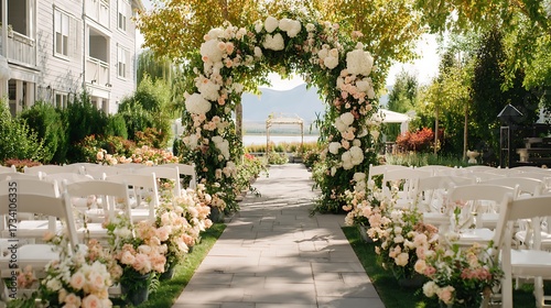 Fototapeta Naklejka Na Ścianę i Meble -  A beautifully set-up wedding ceremony with white chairs, lush flowers, and elegant decorations, creating the perfect backdrop for vows and celebration.