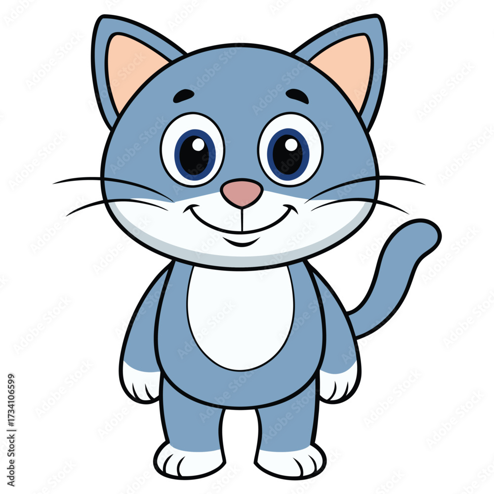 Obraz premium Cute cartoon blue cat standing and smiling with big eyes