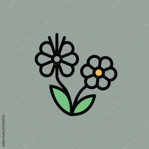Minimalist Line Art of Two Flowers with Green Leaves on a Soft Gray