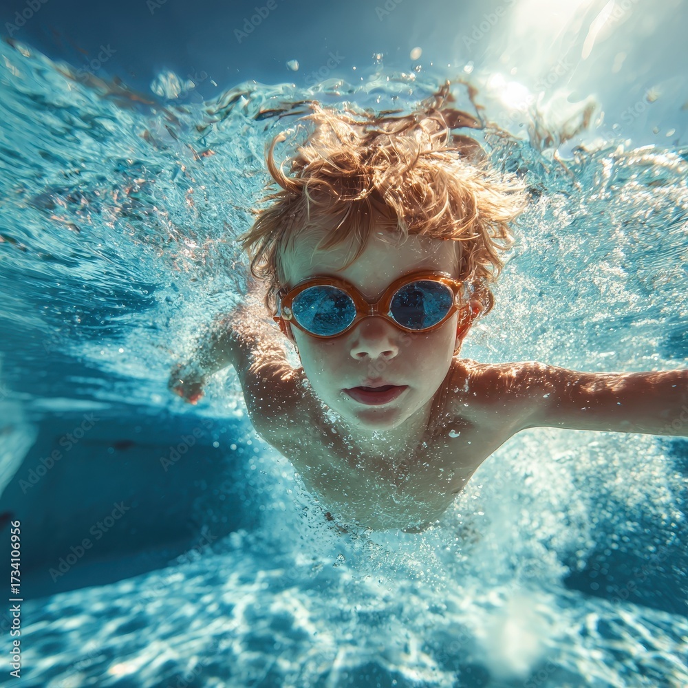 Fototapeta premium Joyful Young Swimmer: Adorable Boy Enjoying Underwater Fun During Summer Holiday