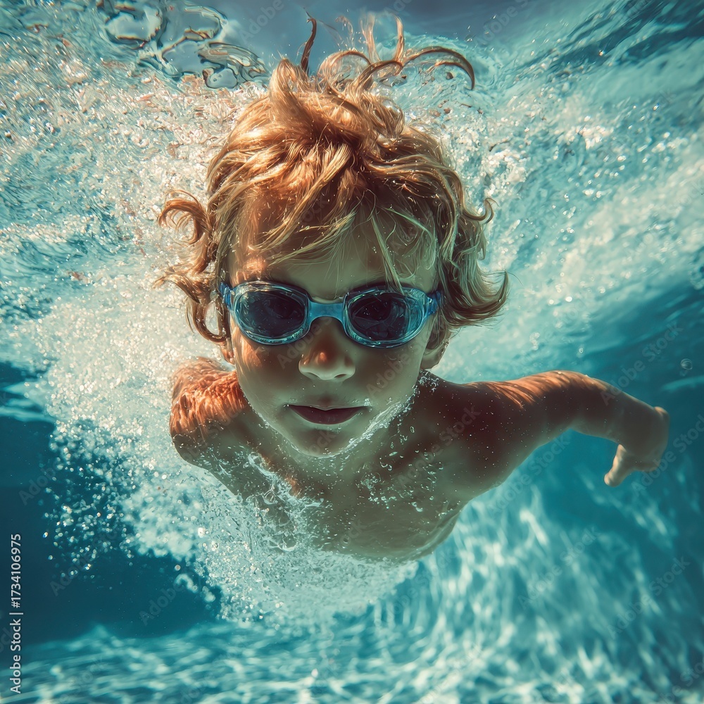 Naklejka premium Joyful Young Swimmer: Adorable Boy Playing Underwater in Summer Pool Adventure