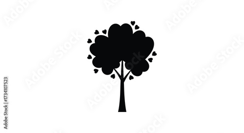 A minimalistic tree design with heart shaped leaves a dark silhouette