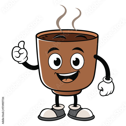 Happy cartoon coffee cup character giving a thumbs up gesture
