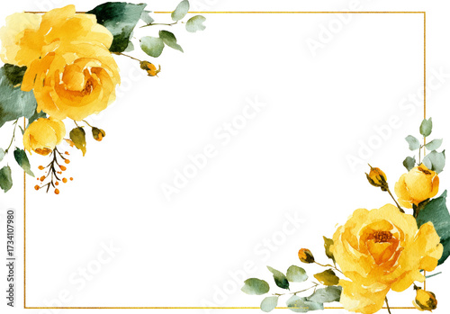 Romantic yellow rose watercolor floral frame border illustration