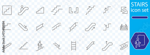  line icons related to stairs, staircase, upstairs, step, climb, downstairs, escalator, stairway, ladder, stairwell, Editable stroke. Vector