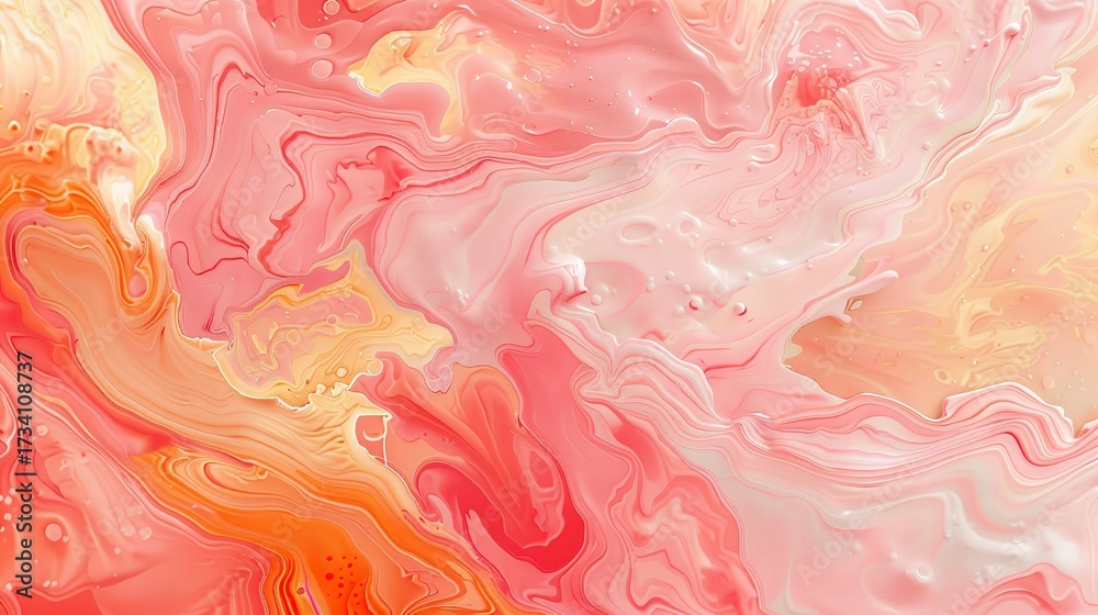 Obraz premium Abstract fluid art painting with flowing pink and orange marbling, creating a dynamic and textured surface against a black background.