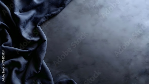 Soft, dark blue fabric elegantly draped across a gray textured background, creating a dramatic and moody backdrop with ample copy space for text or design elements
