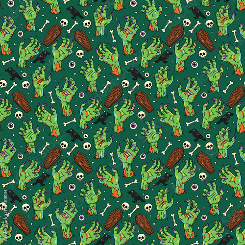 Seamless Halloween pattern with zombie hands coffins and bones vector