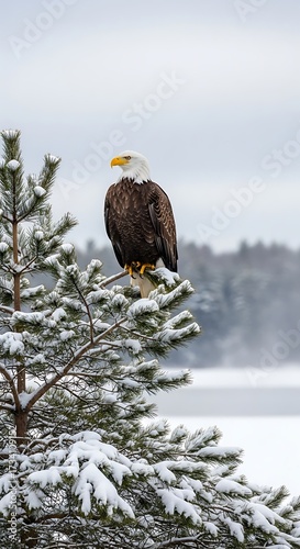 Bald Eagle Perched on Snowy Tree.
