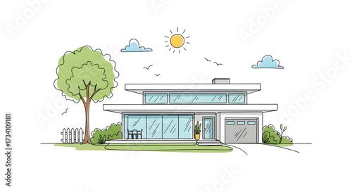 One-line house. Vacation home, suburban area, and hand-dwawn housing market branding vector illustration