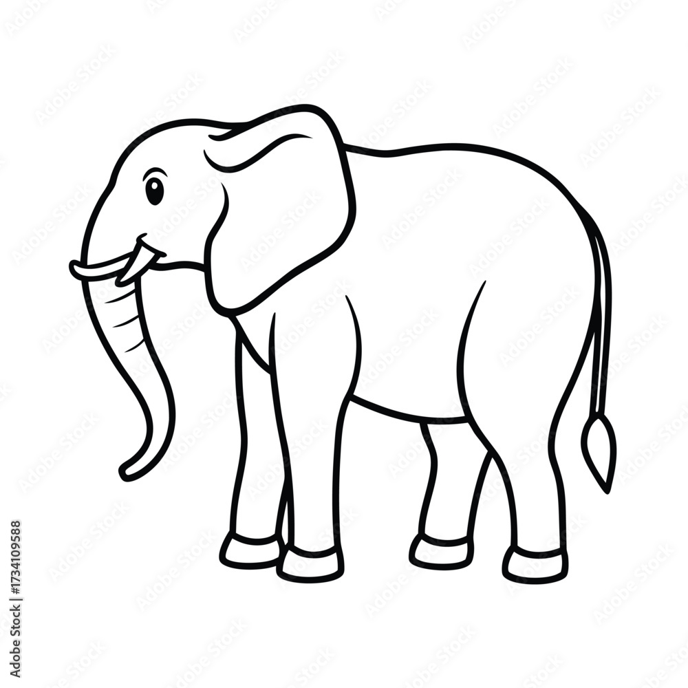 Fototapeta premium Simple line drawing of an african elephant standing profile view