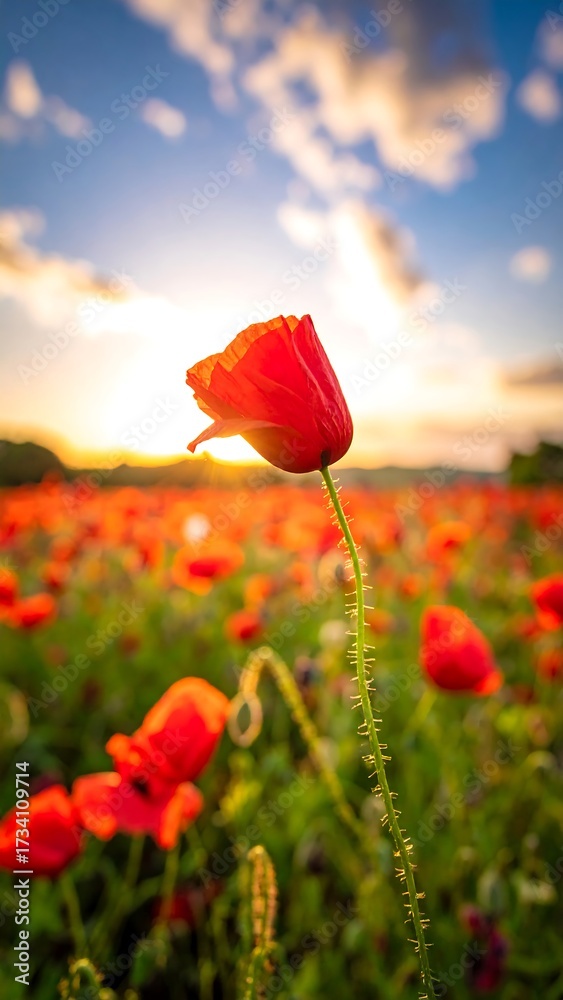 Naklejka premium Red poppy field at sunset