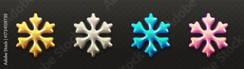 Set of metallic chrome 3d snowflakes. Golden, silver, blue and pink snowflake icons isolated on black background. Design element for New Year, Christmas sale banner, greeting card. Vector illustration