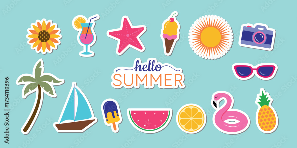 Obraz premium Set of summer stickers. Icons for tropical vacation. Vector illustration.