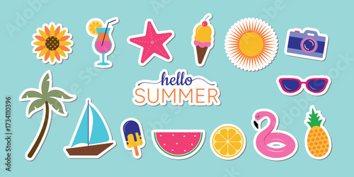 Set of summer stickers. Icons for tropical vacation. Vector illustration.