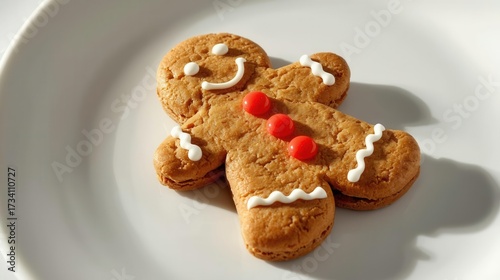 Delicious gingerbread man cookie decorated with white icing and red candy buttons on a white plate.