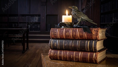 A candlelit scene featuring stacked antique books and a raven figurine, set in a dark, scholarly environment.