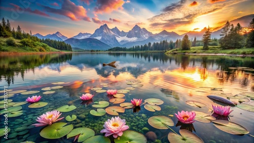 Fototapeta Naklejka Na Ścianę i Meble -  Serene mountain lake at sunset with pink water lilies