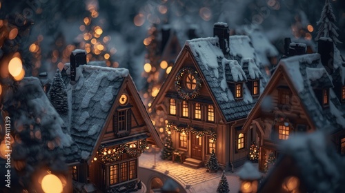 Beautiful snowy Christmas village houses glowing with warm lights and festive decorations on a peaceful winter night. Perfect for holiday cards, seasonal backgrounds, and festive design projects.