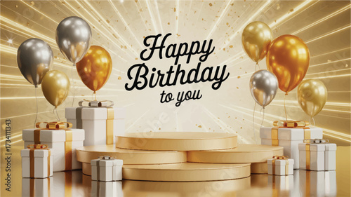 A luxurious birthday celebration scene with a golden and cream color scheme.  (3)_traced