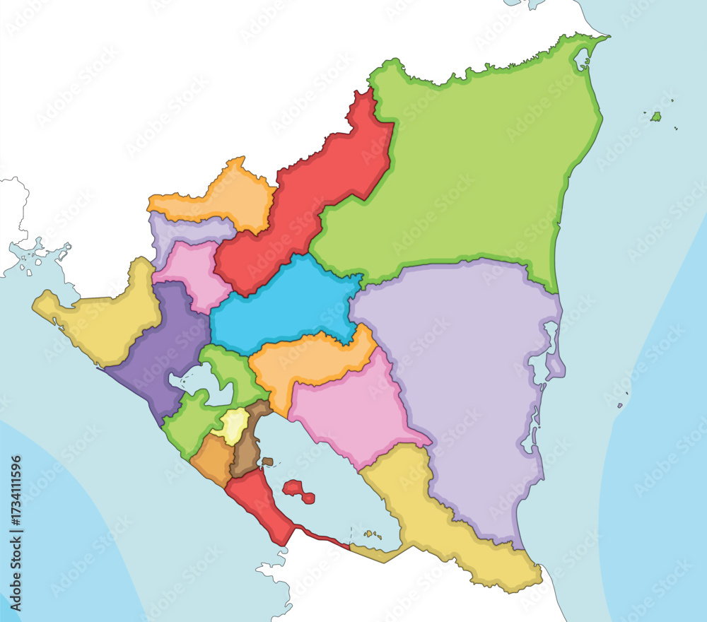 Obraz premium Vector illustrated blank map of Nicaragua with departments and autonomous regions, and neighbouring countries and territories. Editable and clearly labeled layers.