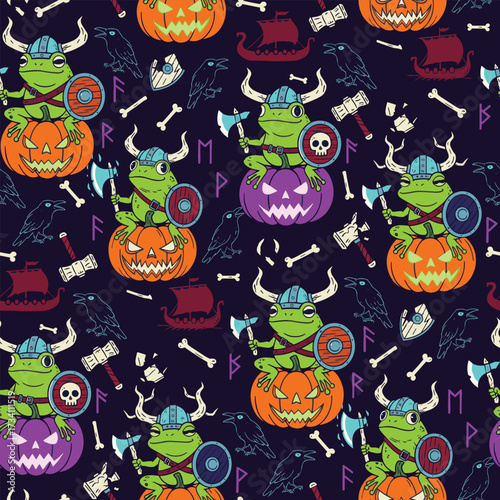 Seamless Halloween pattern with frog vikings pumpkins and floating runes vector