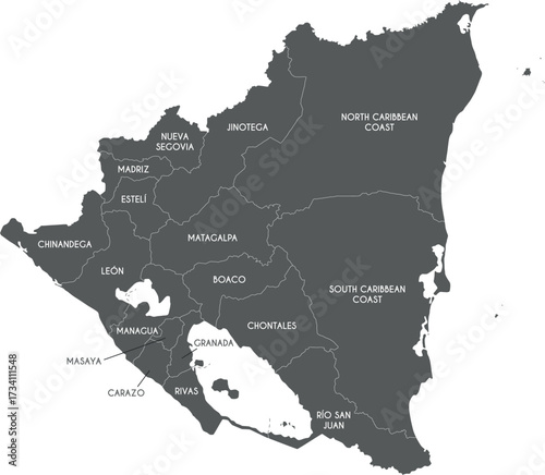 Vector map of Nicaragua with departments, autonomous regions and administrative divisions. Editable and clearly labeled layers.
