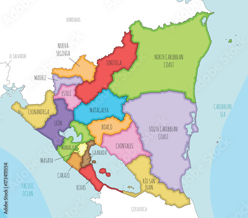 Vector illustrated map of Nicaragua with departments and autonomous regions, and neighbouring countries and territories. Editable and clearly labeled layers.