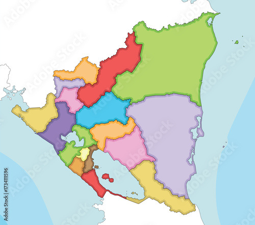 Vector illustrated blank map of Nicaragua with departments and autonomous regions, and neighbouring countries and territories. Editable and clearly labeled layers.