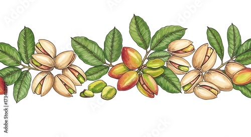 Realistic watercolor illustration of pistachios and green leaves on white