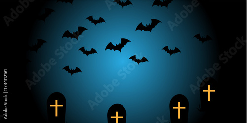 Halloween illustration background with bat ornaments in the darkness of the night, colored blue