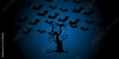 Halloween illustration background with bat ornaments in the darkness of the night, colored blue