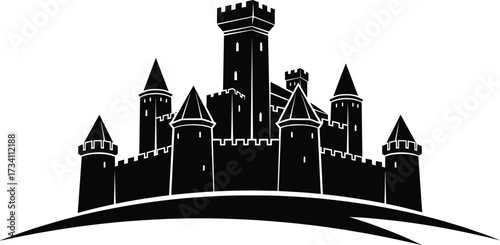 Medieval castle silhouette vector with towers and turrets on hill, fantasy architecture design in black and white illustration style
