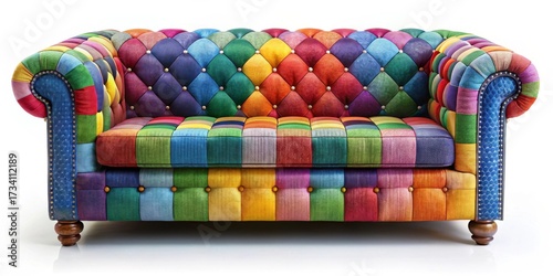 Vibrant Patchwork Sofa with Button Tufting and Rolled Arms on Wooden Legs
