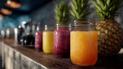 Vibrant colorful fresh fruit juices in glass jars displayed on a rustic wooden counter with pine s in the background