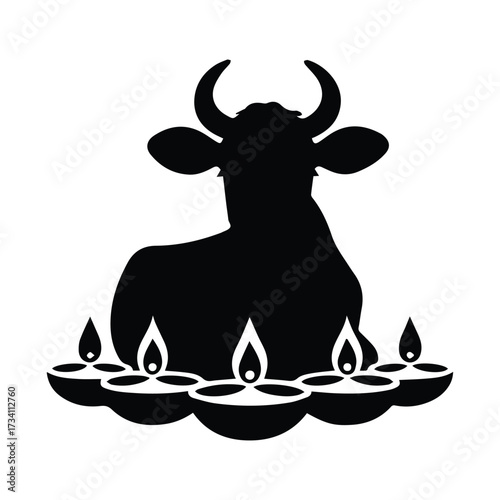 Sacred nandi bull silhouette with traditional oil lamps for religious festivals and worship silhouette