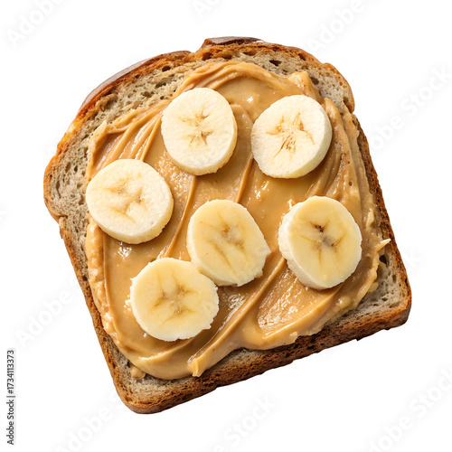 Delicious slice of whole wheat toast with creamy peanut butter and fresh banana slices isolated on transparent background