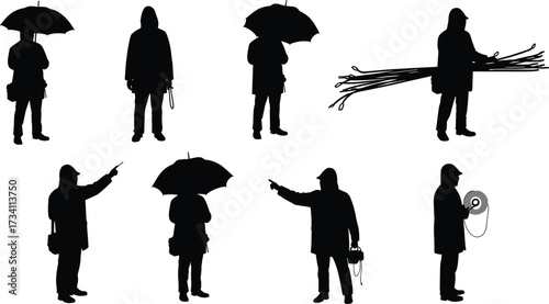 "Utility workers climbing poles with safety harnesses performing electrical line maintenance and telecommunications repair in silhouette vector illustration design"