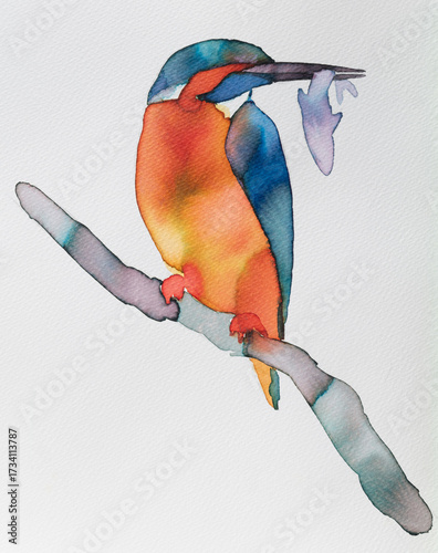Wallpaper Mural Colorful watercolor painting of a bird kingfisher catching a fish in a serene landscape Torontodigital.ca
