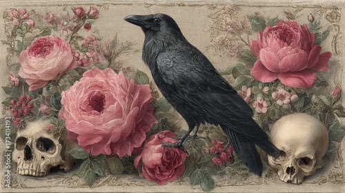 Moody altar cloth design featuring crow with pink and black roses and detailed skull, dark feminine hand painted gothic pattern, mystical spiritual decor with elegant mysterious atmosphere