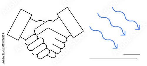 Handshake representing agreement or partnership alongside blue arrows suggesting workflow, process, or movement. Ideal for partnership, teamwork, collaboration, leadership, corporate culture